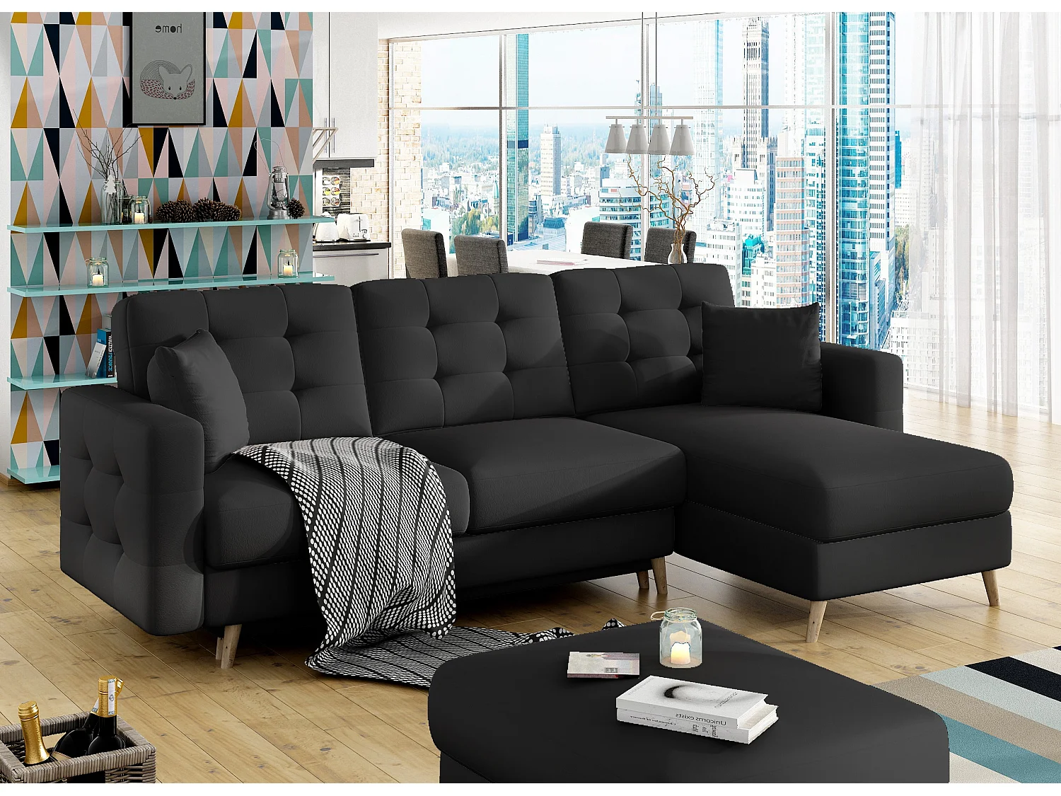 Canapé d'angle réversible et convertible simili cuir noir Anska 250cm