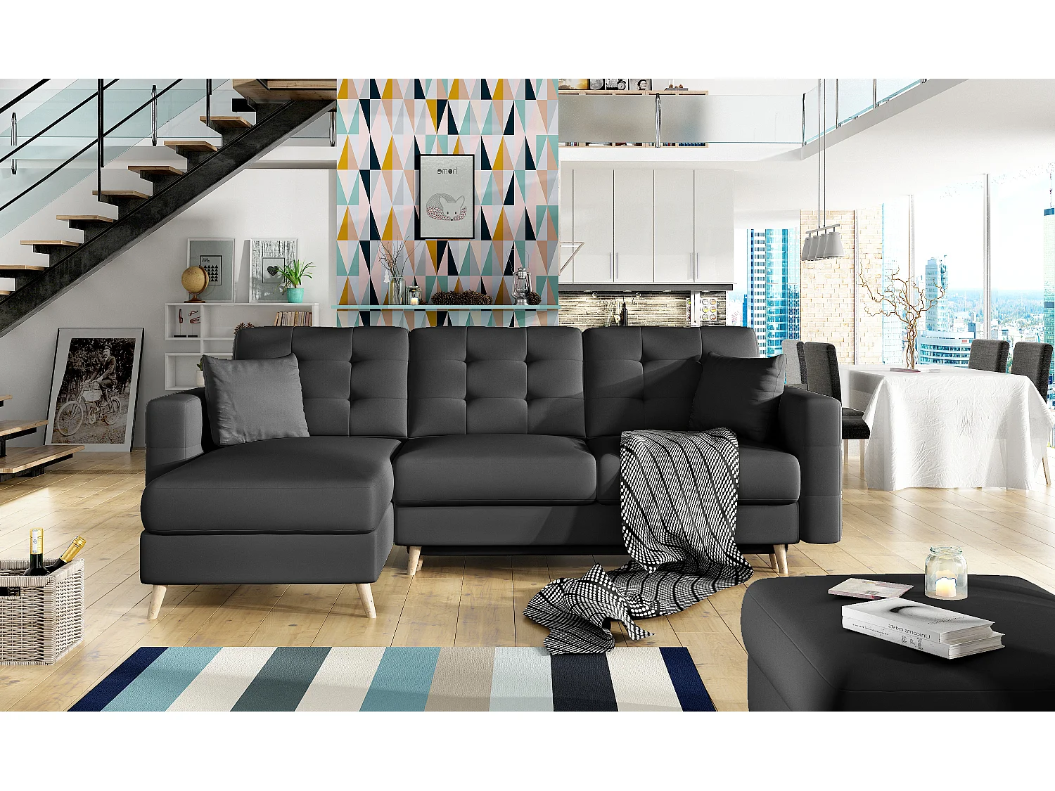 Canapé d'angle réversible et convertible simili cuir noir Anska 250cm