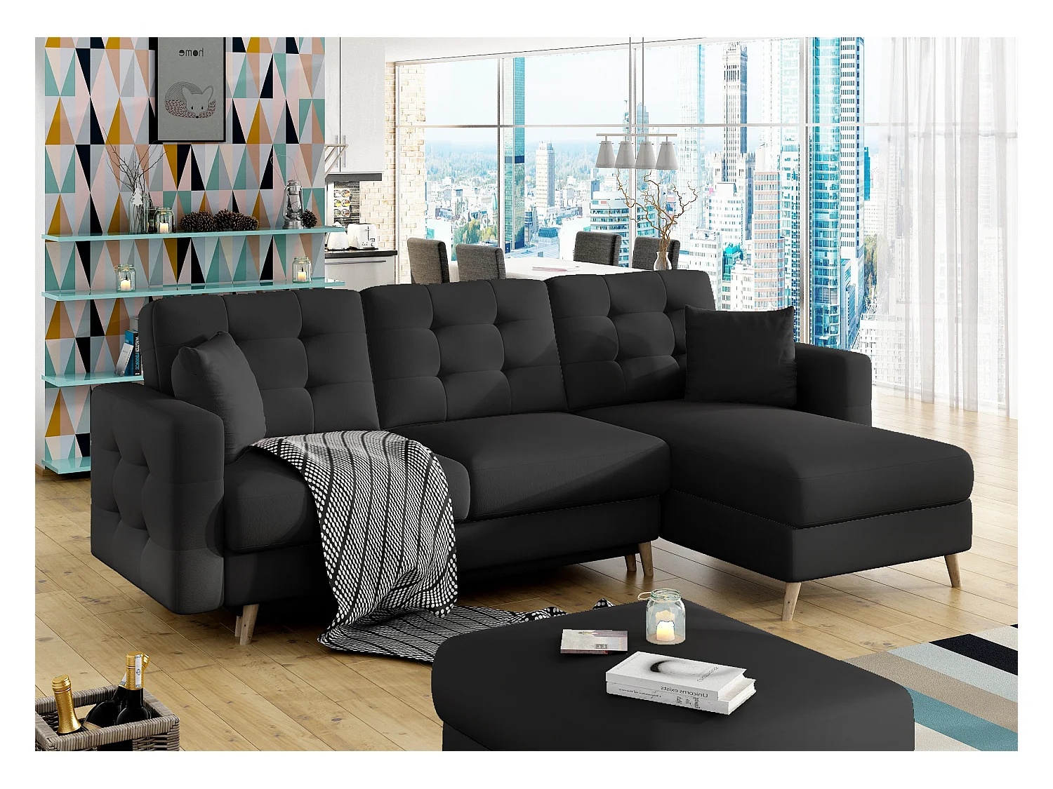 Canapé d'angle réversible et convertible simili cuir noir Anska 250cm