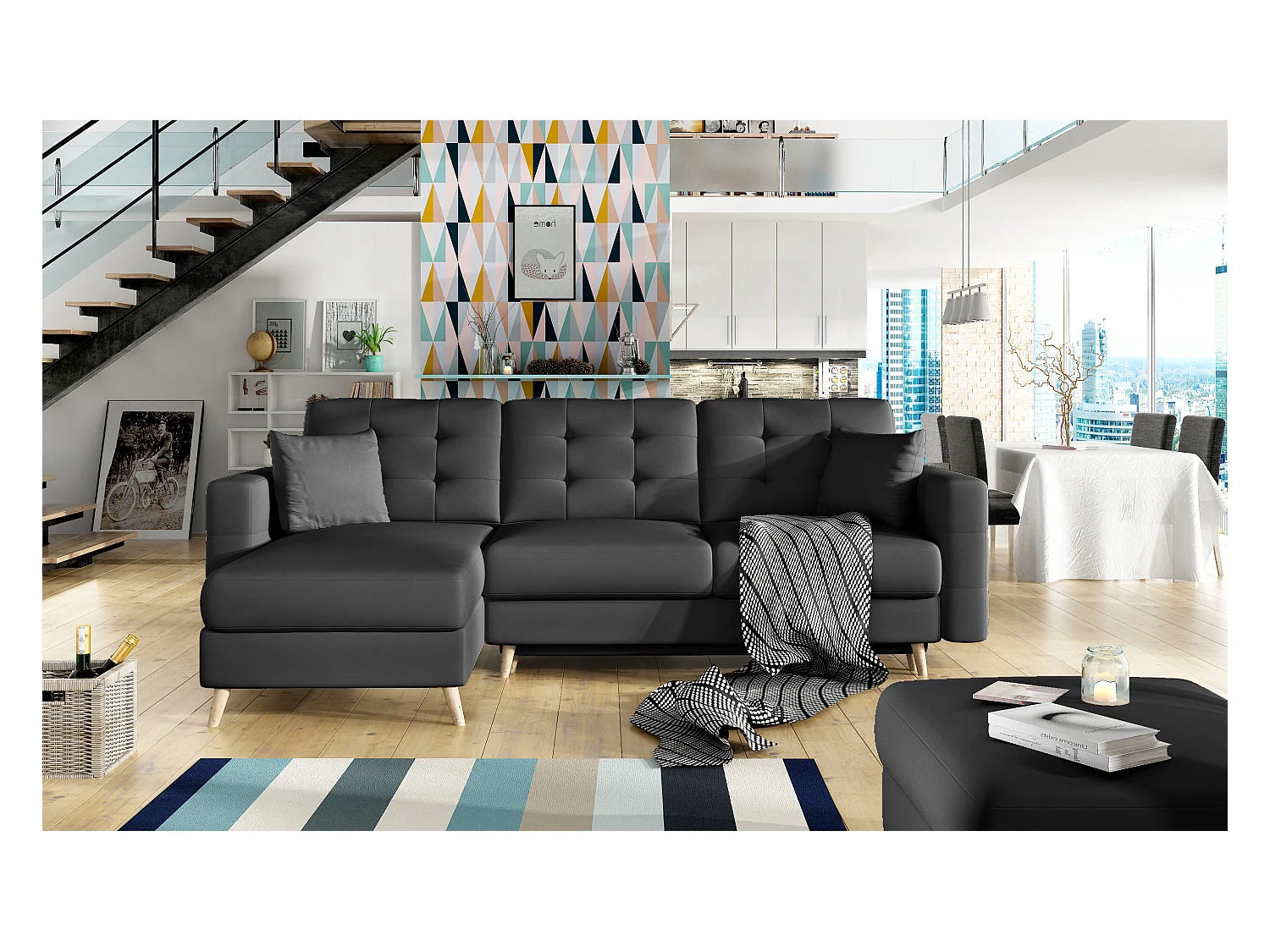 Canapé d'angle réversible et convertible simili cuir noir Anska 250cm