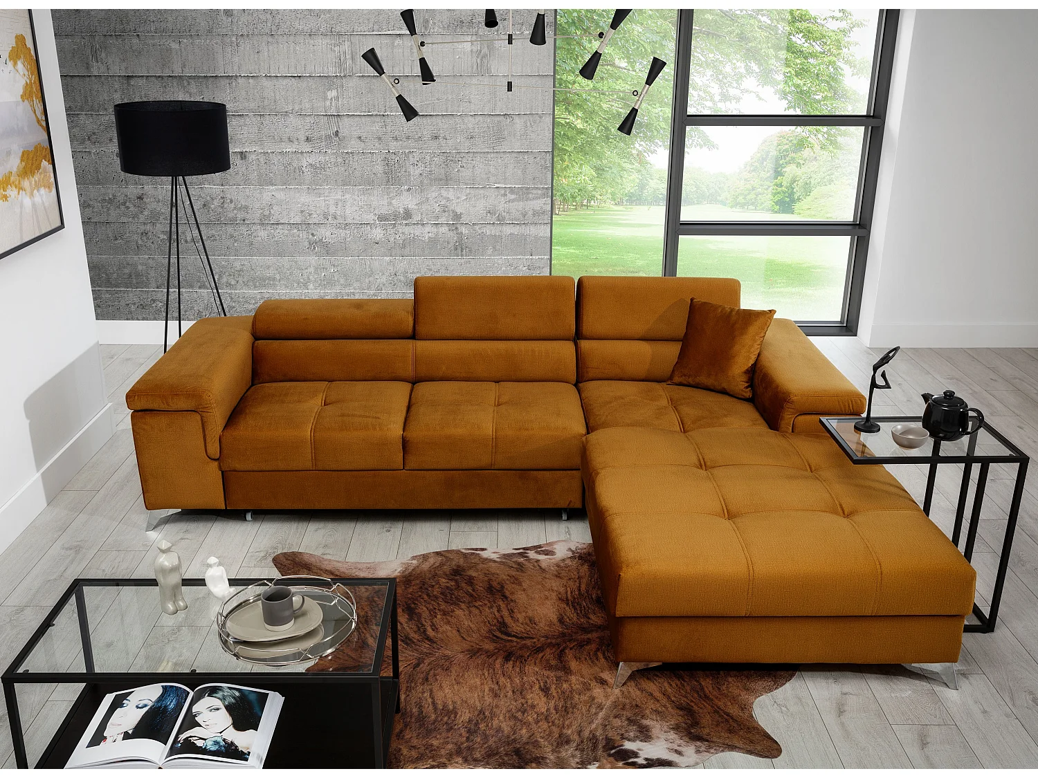 Fluwelen converteerbare hoekbank met verstelbare hoofdsteunen Rikaro 280 cm-Kleur Oranje-juiste hoek