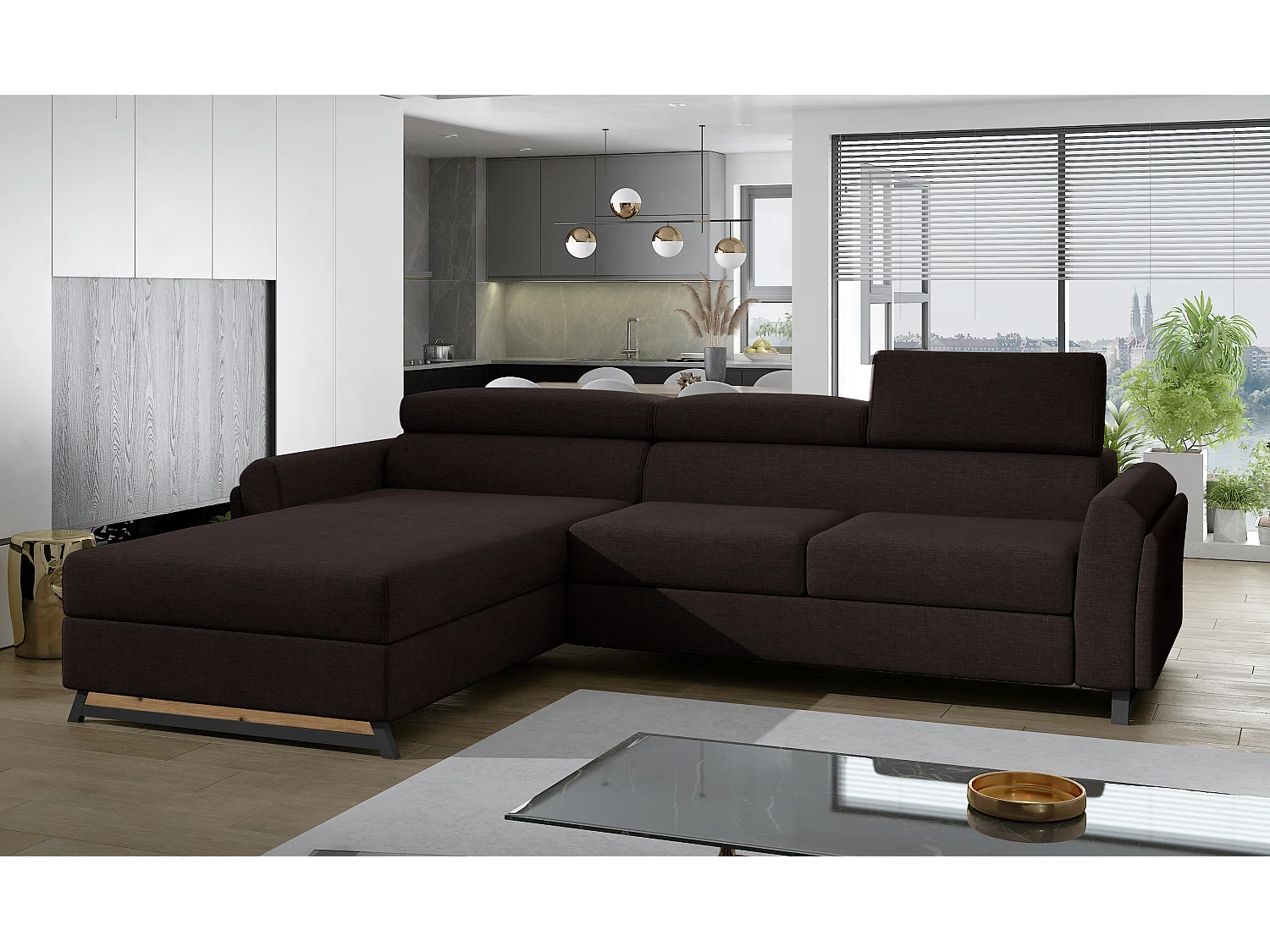 Canapé angle gauche convertible tissu marron avec appuis-tête réglables Mazerali 300cm