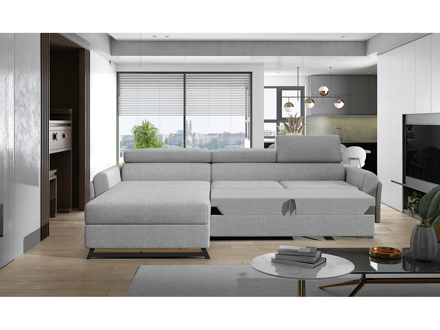 Canapé angle gauche convertible tissu marron avec appuis-tête réglables Mazerali 300cm