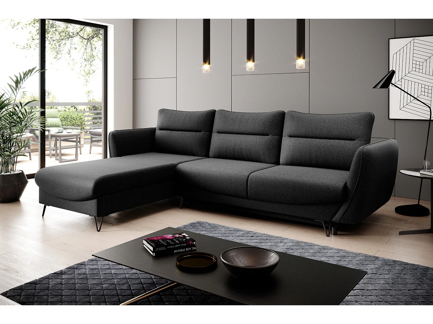 Canapé d'angle gauche convertible tissu noir Zurik 276cm