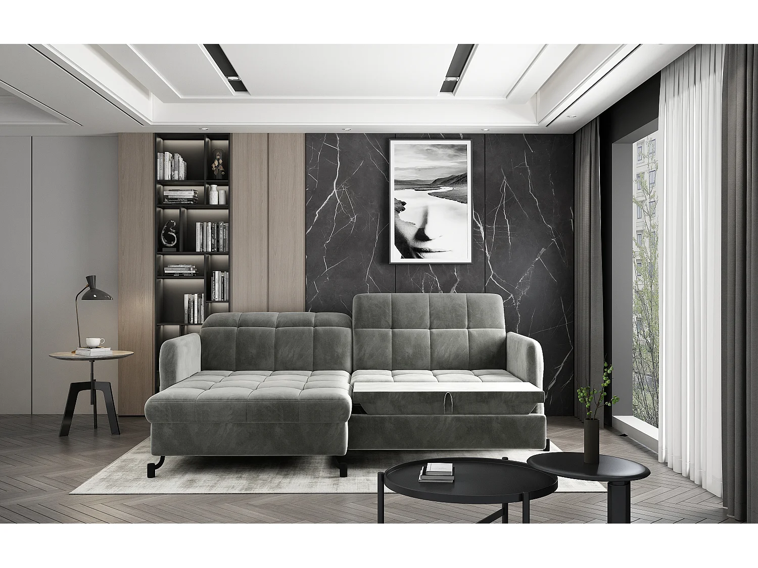 Canapé convertible angle gauche avec têtières réglables velours matelassé jaune Lory 225cm