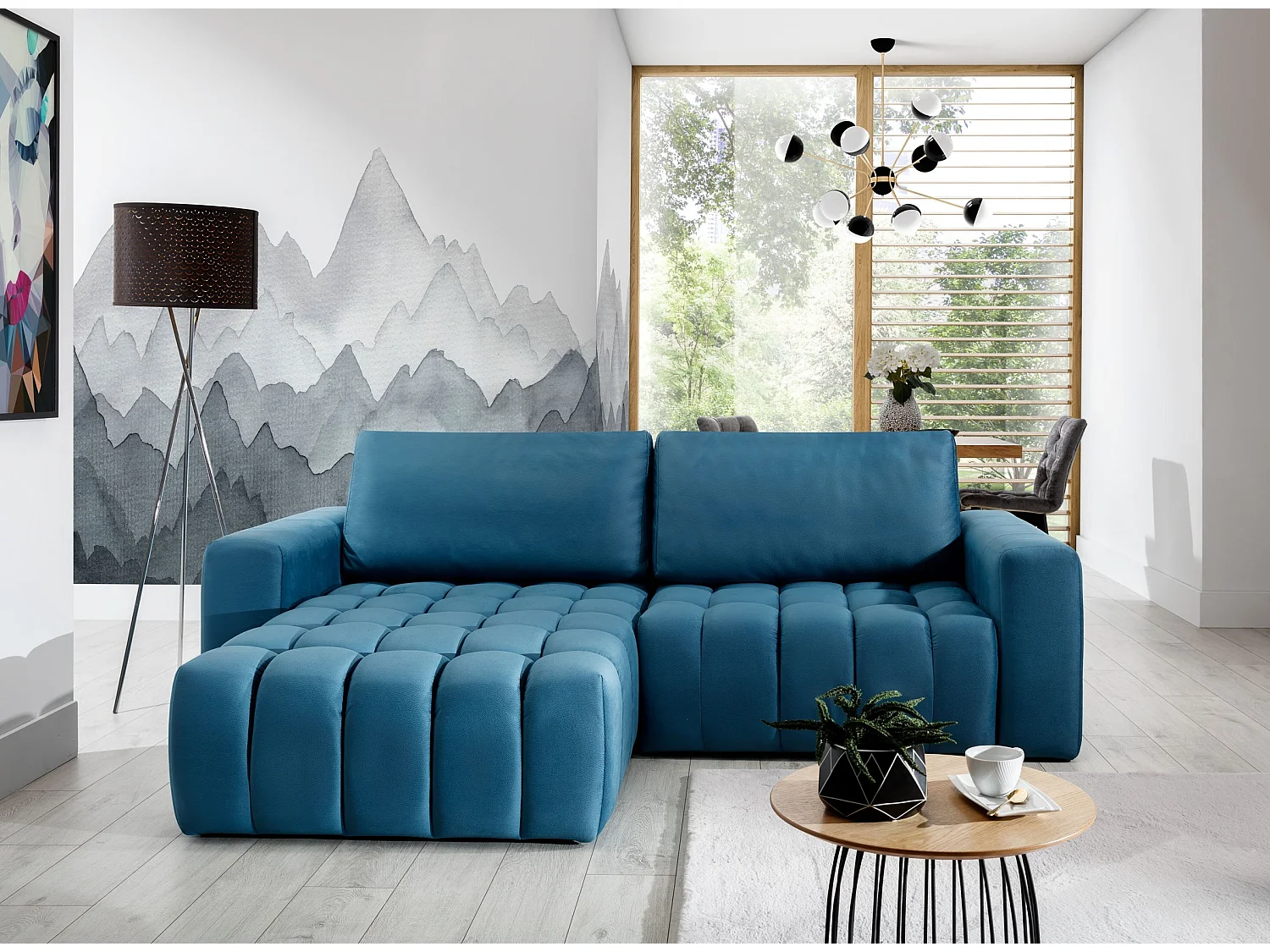 Canapé d’angle velours capitonné BOZEN – Convertible et rangement-Bleu canard-angle gauche