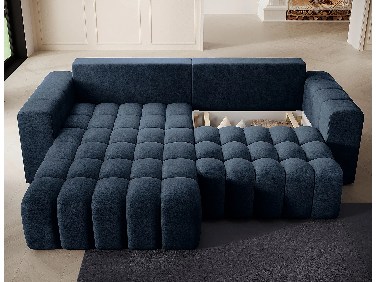 Canapé d’angle velours capitonné BOZEN – Convertible et rangement-Bleu canard-angle gauche