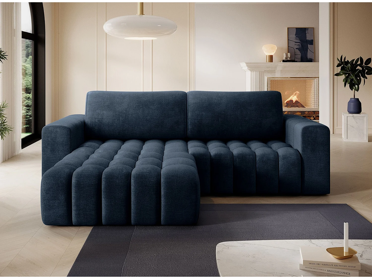 Canapé d’angle velours capitonné BOZEN – Convertible et rangement-Bleu canard-angle gauche