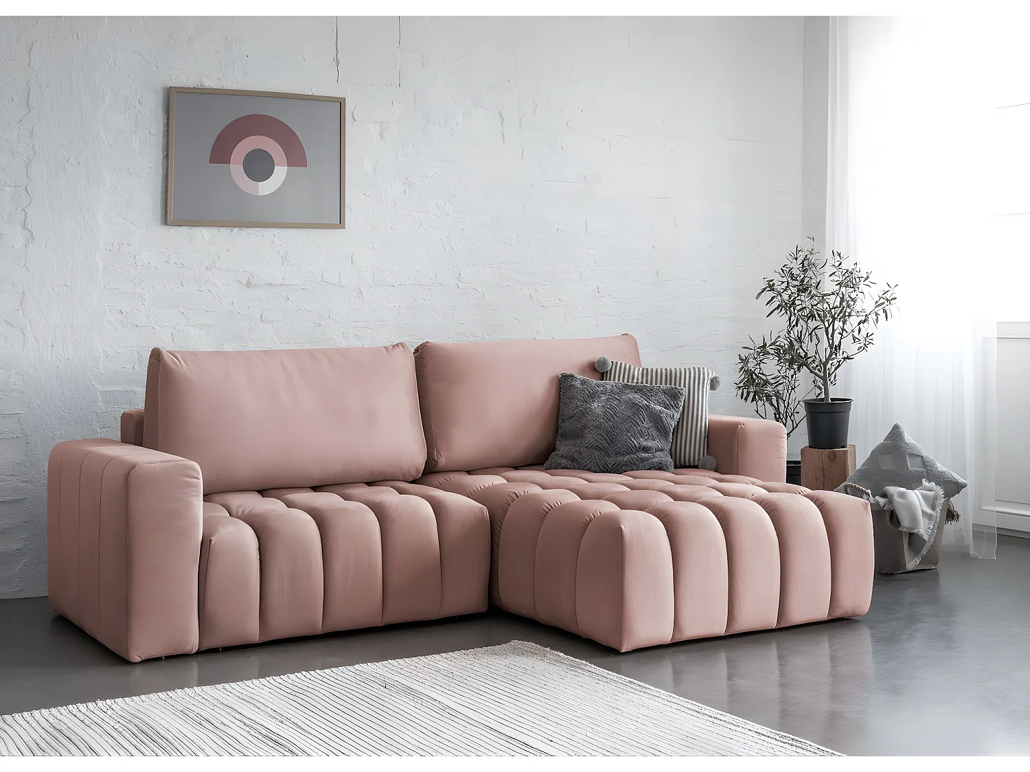 Canapé convertible design velours matelassé rose cuivré angle droit Bozen 250cm