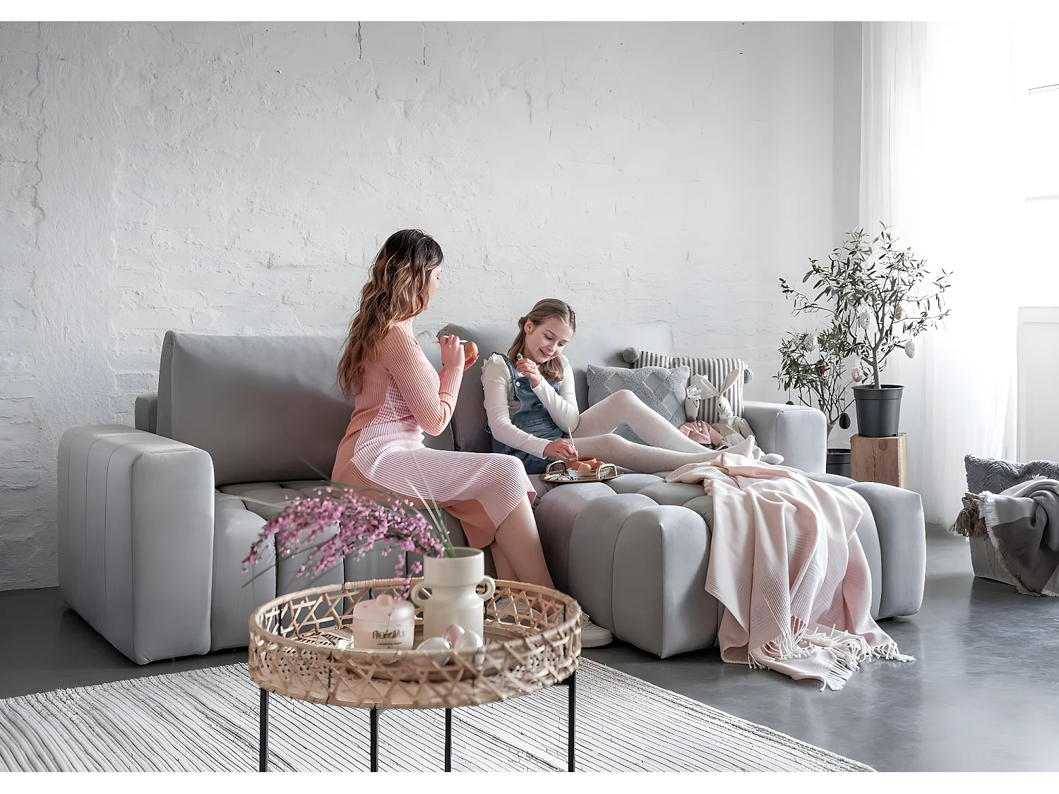 Canapé convertible design velours matelassé rose cuivré angle droit Bozen 250cm