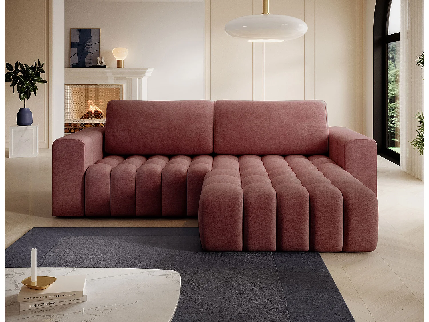 Bozen gecapitonneerde fluwelen hoekbank – Converteerbaar en opbergruimte-Kleur Terracotta-juiste hoek