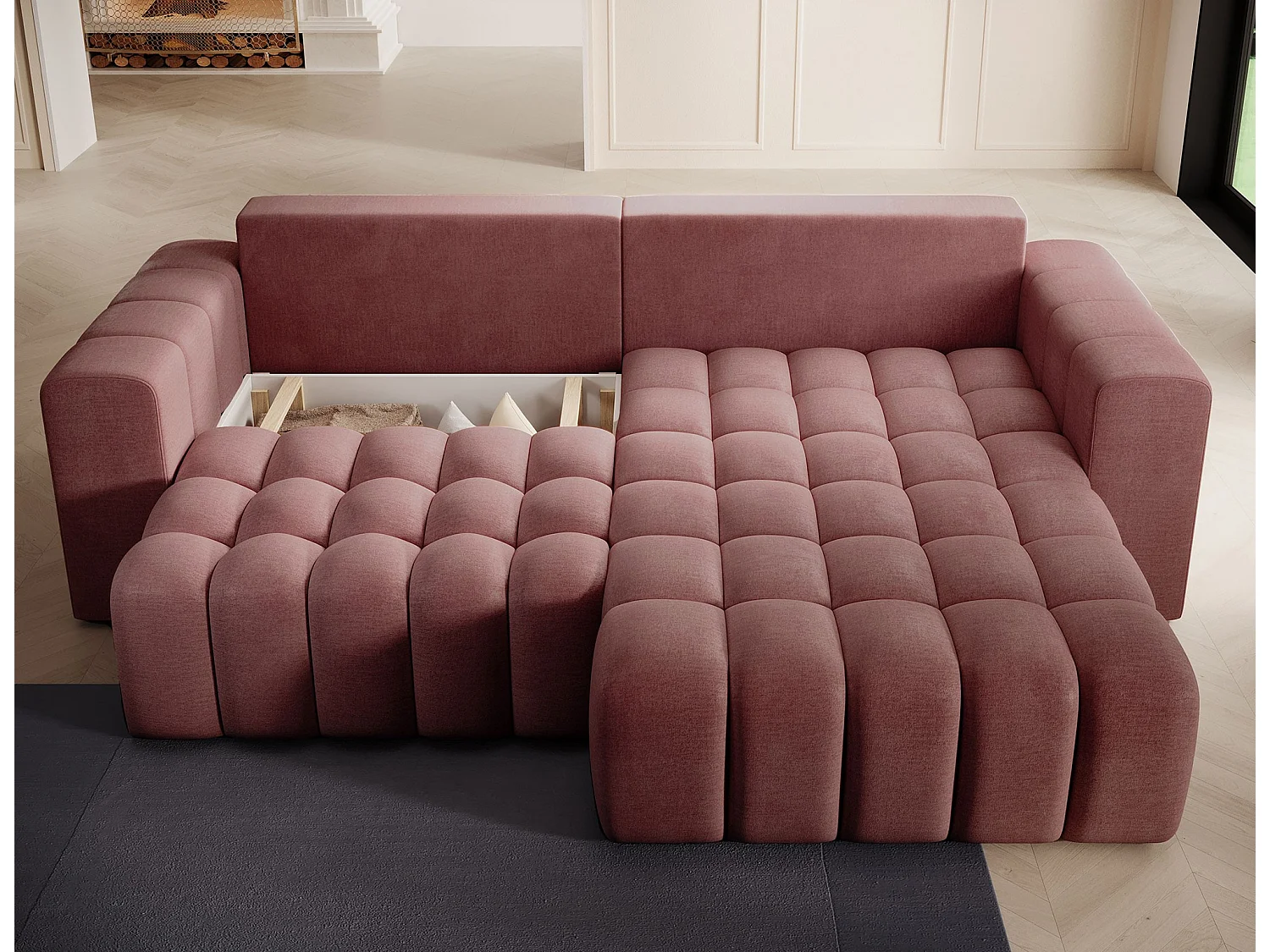 Bozen gecapitonneerde fluwelen hoekbank – Converteerbaar en opbergruimte-Kleur Terracotta-juiste hoek