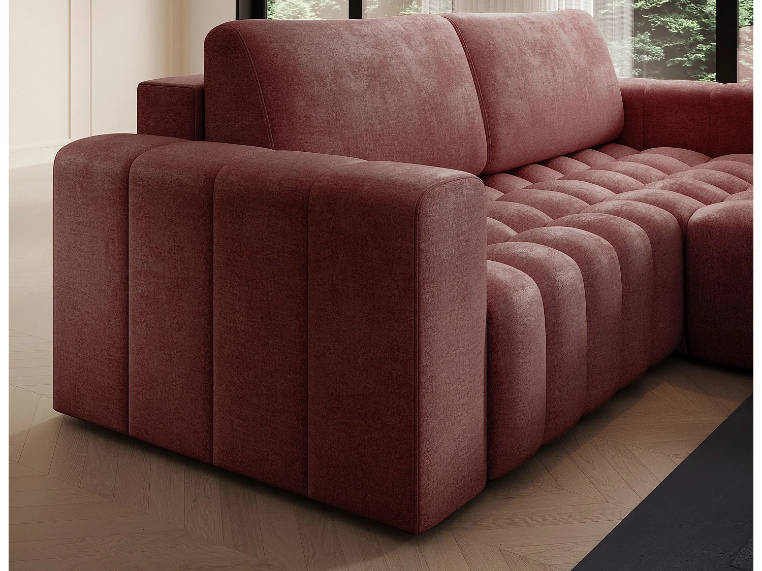 Bozen gecapitonneerde fluwelen hoekbank – Converteerbaar en opbergruimte-Kleur Terracotta-juiste hoek