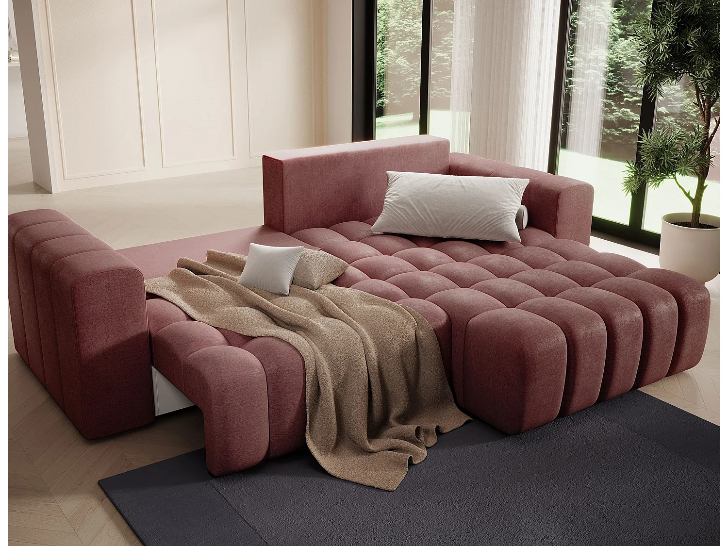 Bozen gecapitonneerde fluwelen hoekbank – Converteerbaar en opbergruimte-Kleur Terracotta-juiste hoek