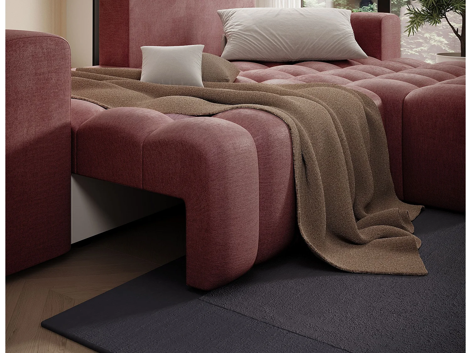 Bozen gecapitonneerde fluwelen hoekbank – Converteerbaar en opbergruimte-Kleur Terracotta-juiste hoek