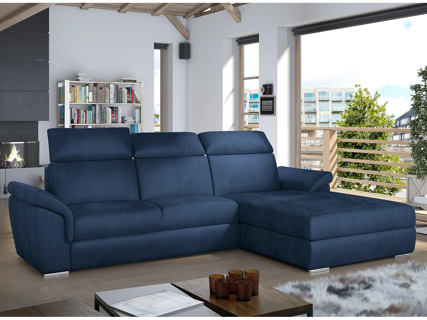 Canapé convertible d'angle droit velours bleu têtières réglables Suzy 272cm