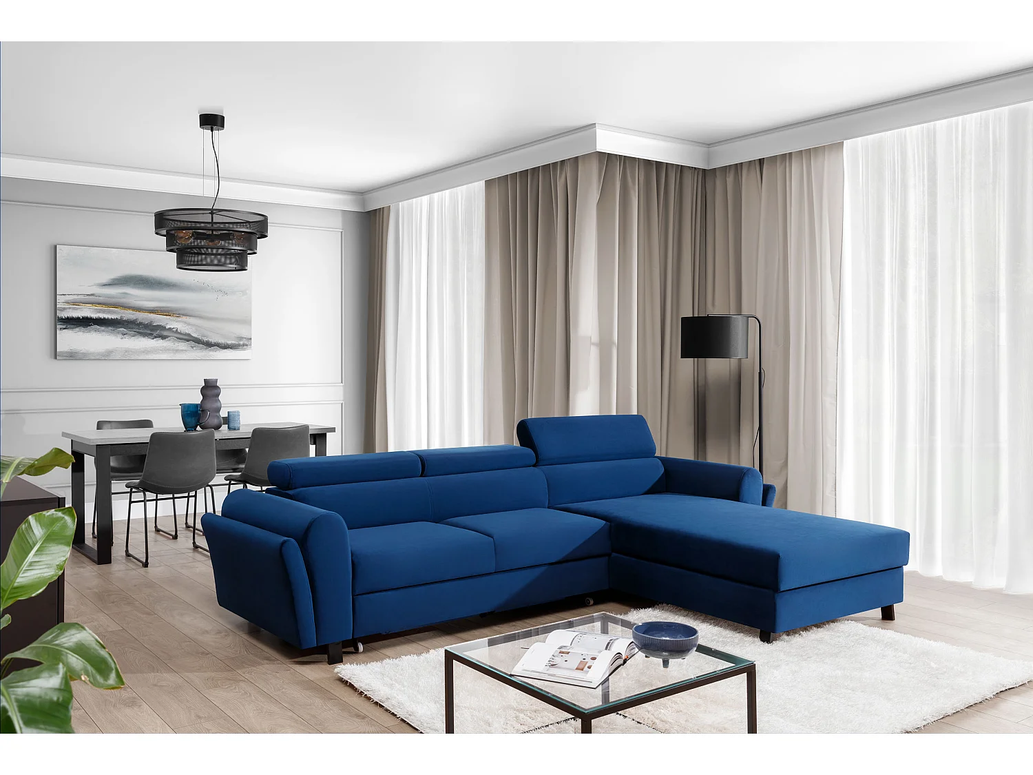 Canapé angle gauche convertible tissu gris clair avec appuis-tête réglables Mazerali 300cm