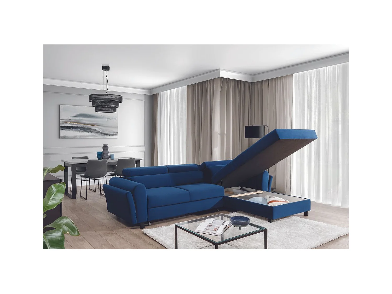 Converteerbare hoekbank links in lichtgrijze stof met verstelbare hoofdsteunen Mazerali 300 cm