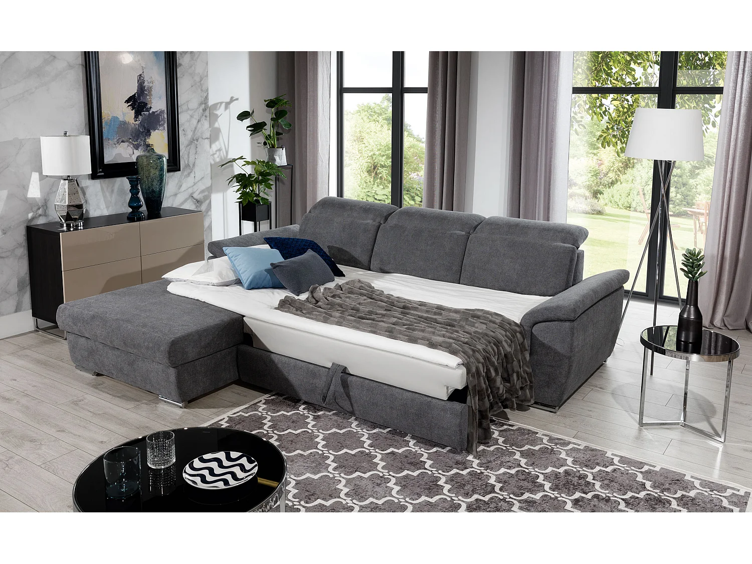 Canapé convertible d'angle gauche tissu gris foncé chiné têtières réglables Suzy 272cm