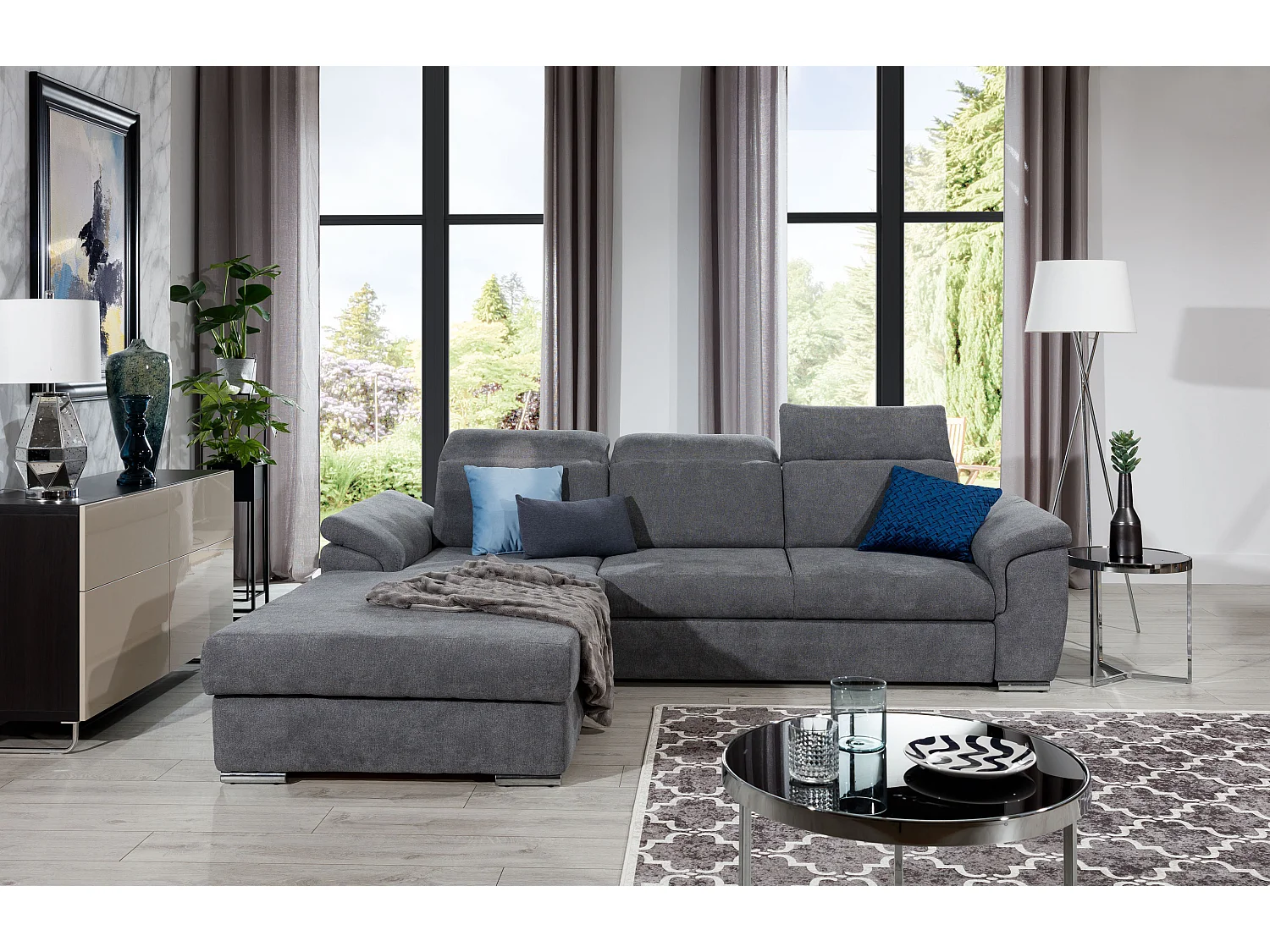 Canapé convertible d'angle gauche tissu gris foncé chiné têtières réglables Suzy 272cm
