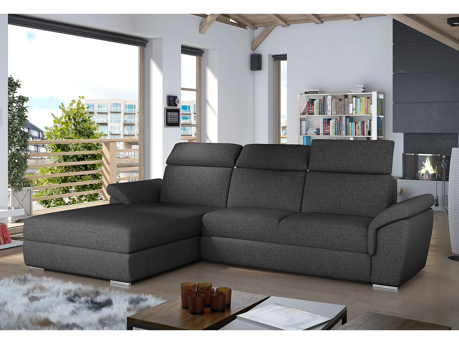 Canapé convertible d'angle gauche tissu gris foncé chiné têtières réglables Suzy 272cm