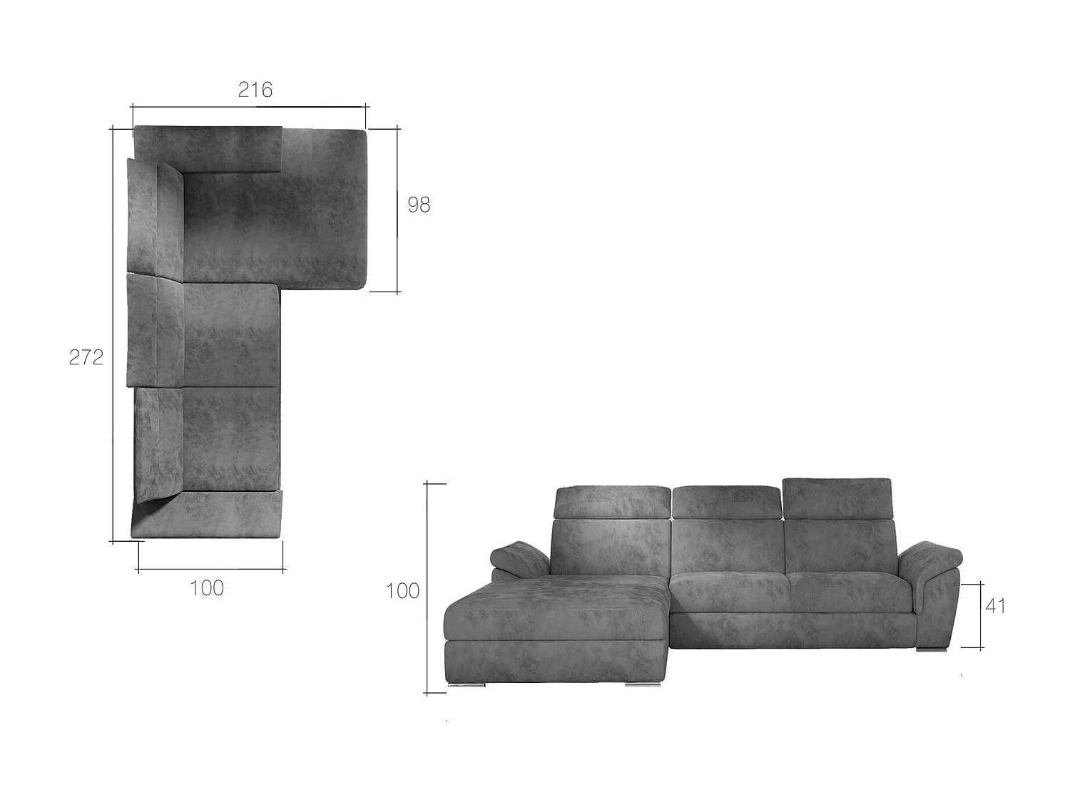 Canapé convertible d'angle gauche tissu gris foncé chiné têtières réglables Suzy 272cm