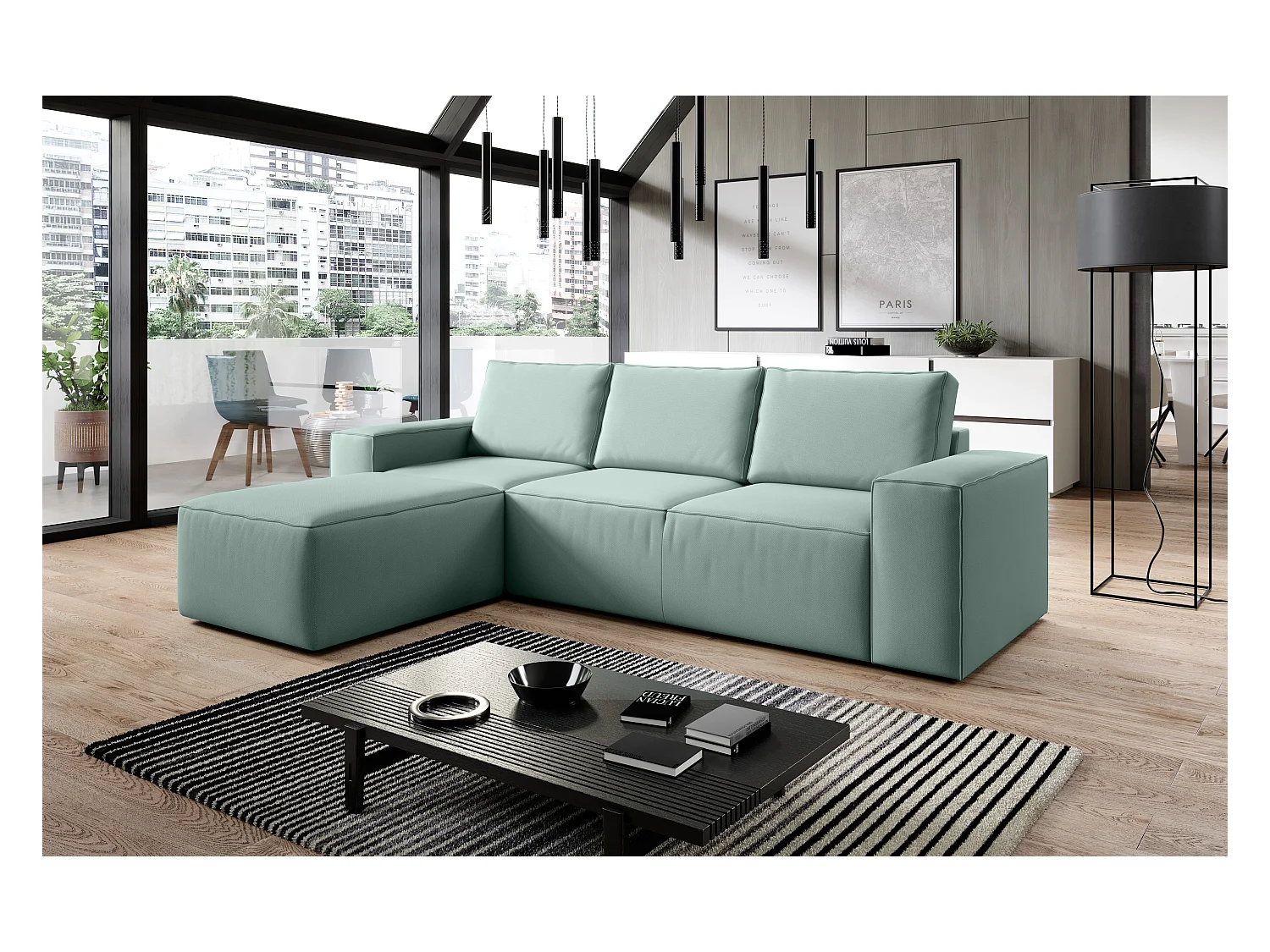 Canapé d'angle gauche convertible moderne tissu vert d'eau Willace 302cm