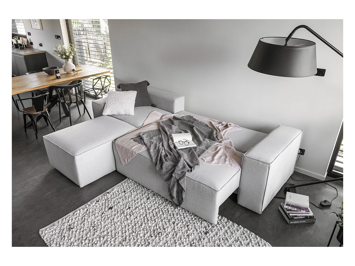 Canapé d'angle gauche convertible moderne tissu vert d'eau Willace 302cm