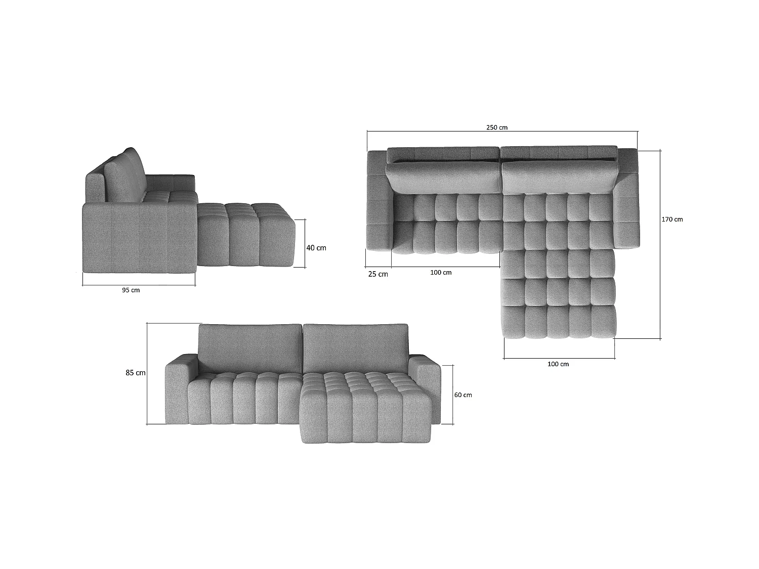 Canapé convertible design velours matelassé noir angle droit Bozen 250cm