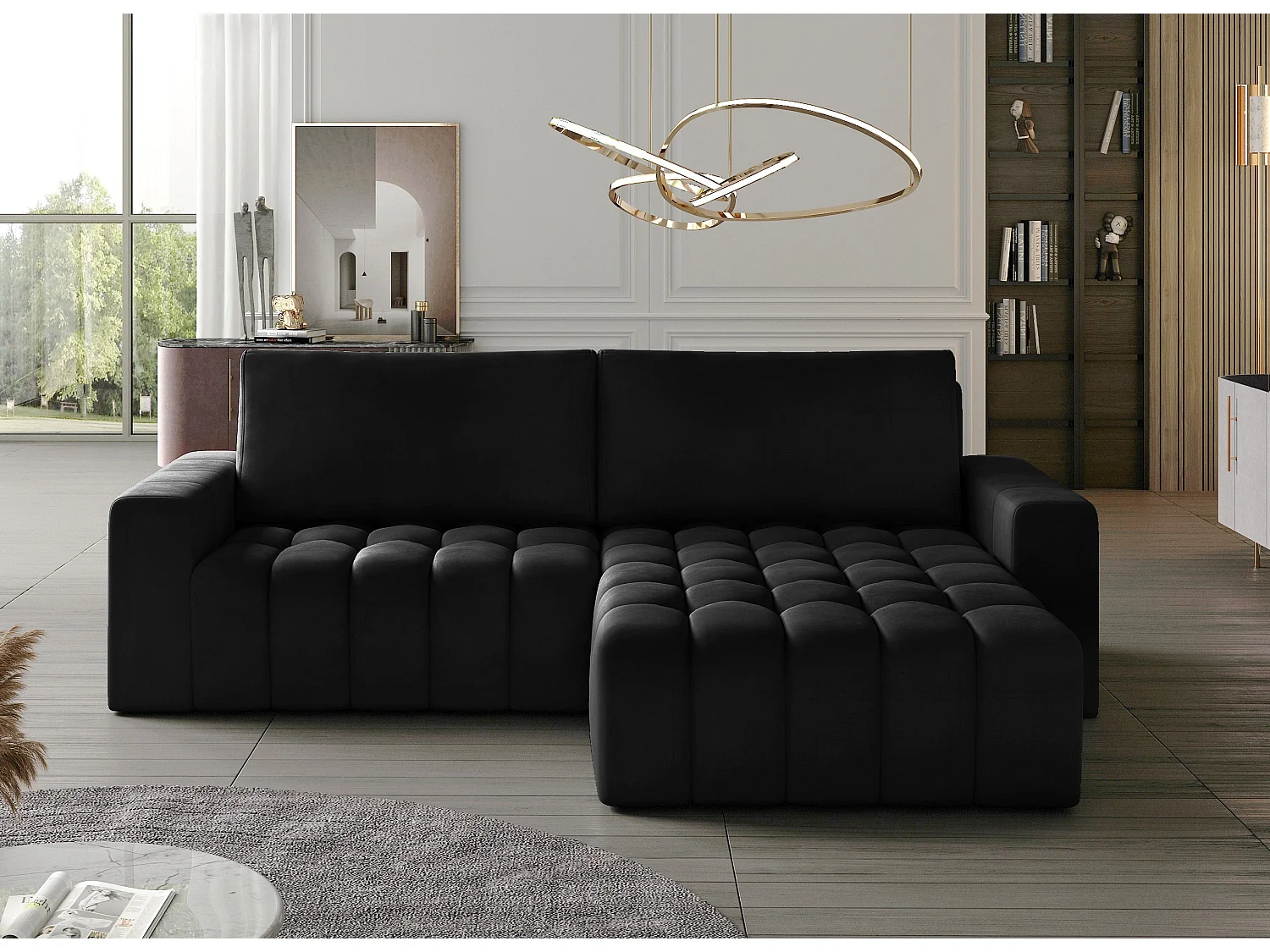 Canapé convertible design velours matelassé noir angle droit Bozen 250cm