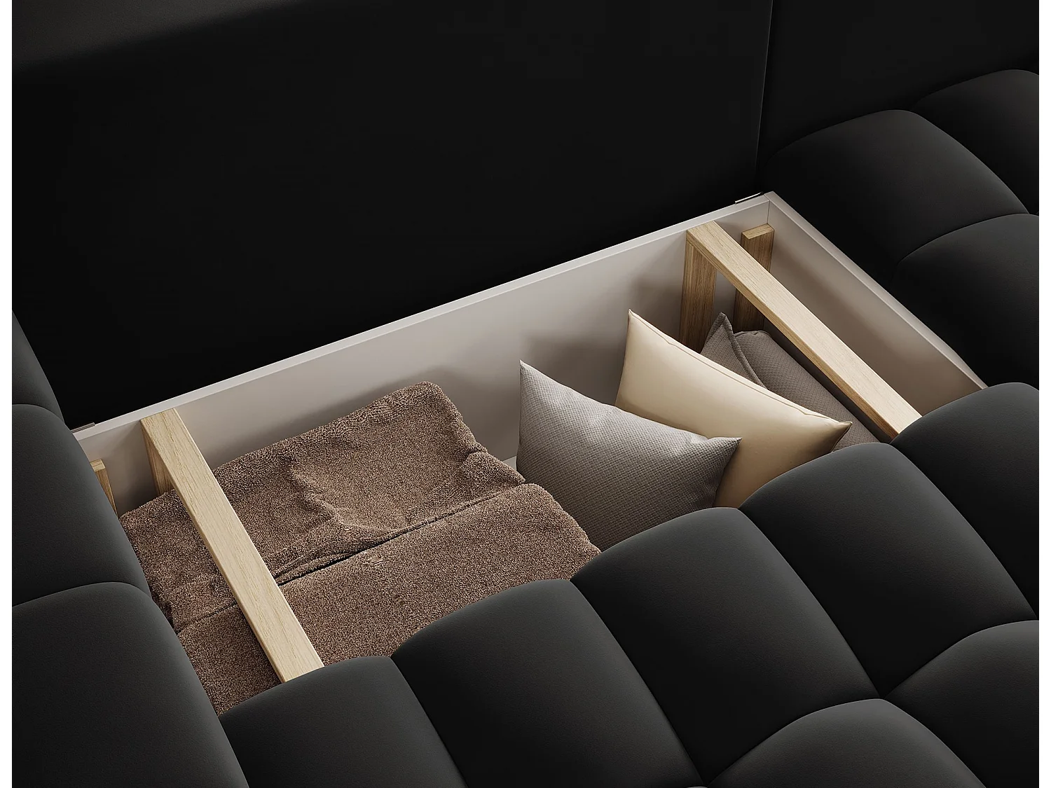 Canapé d’angle velours capitonné BOZEN – Convertible et rangement-Noir-angle droit