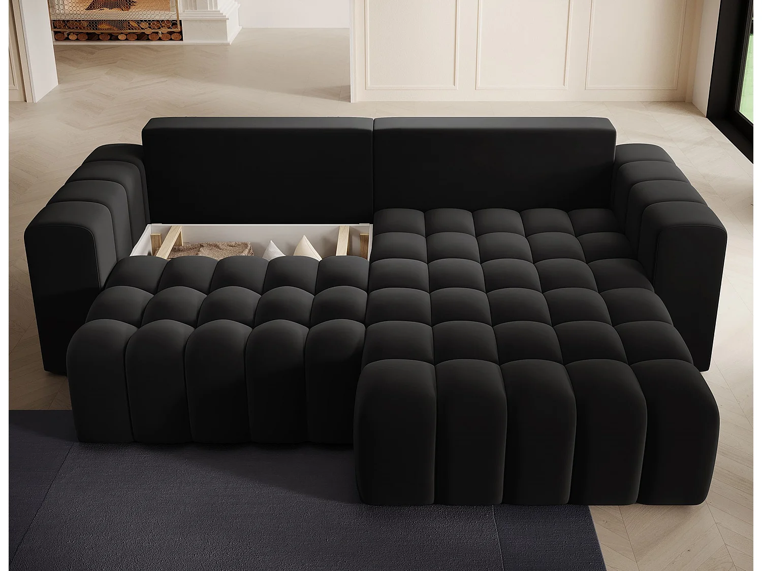 Canapé d’angle velours capitonné BOZEN – Convertible et rangement-Noir-angle droit