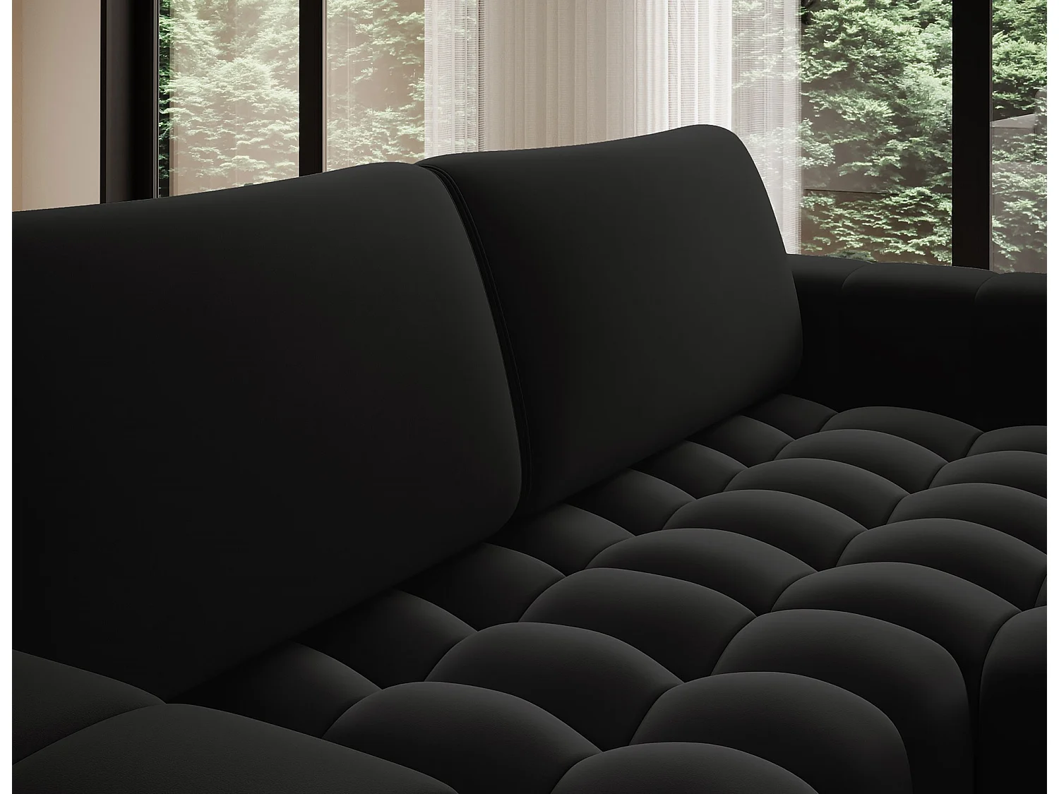 Canapé d’angle velours capitonné BOZEN – Convertible et rangement-Noir-angle droit