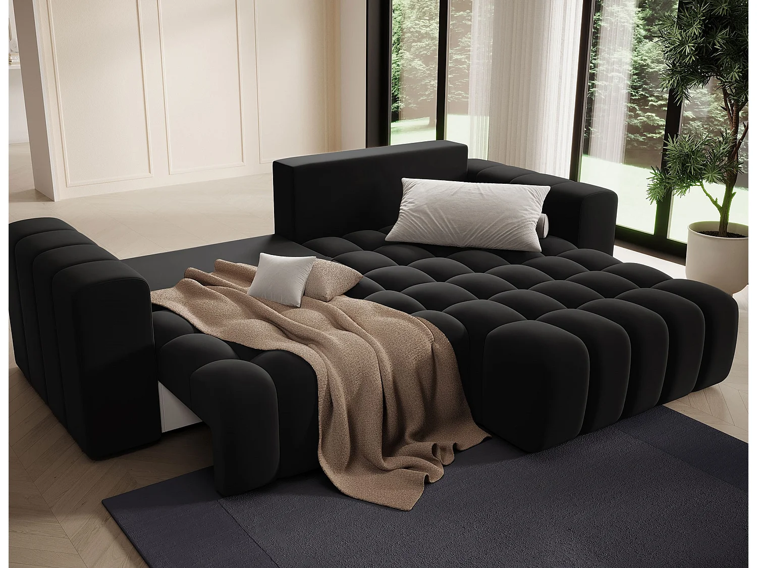 Canapé d’angle velours capitonné BOZEN – Convertible et rangement-Noir-angle droit