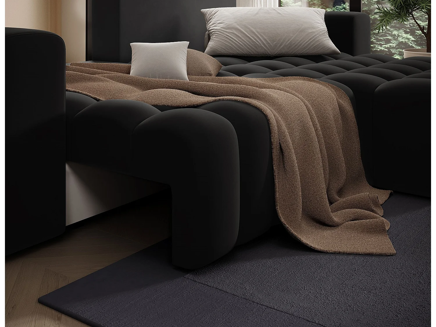 Canapé d’angle velours capitonné BOZEN – Convertible et rangement-Noir-angle droit