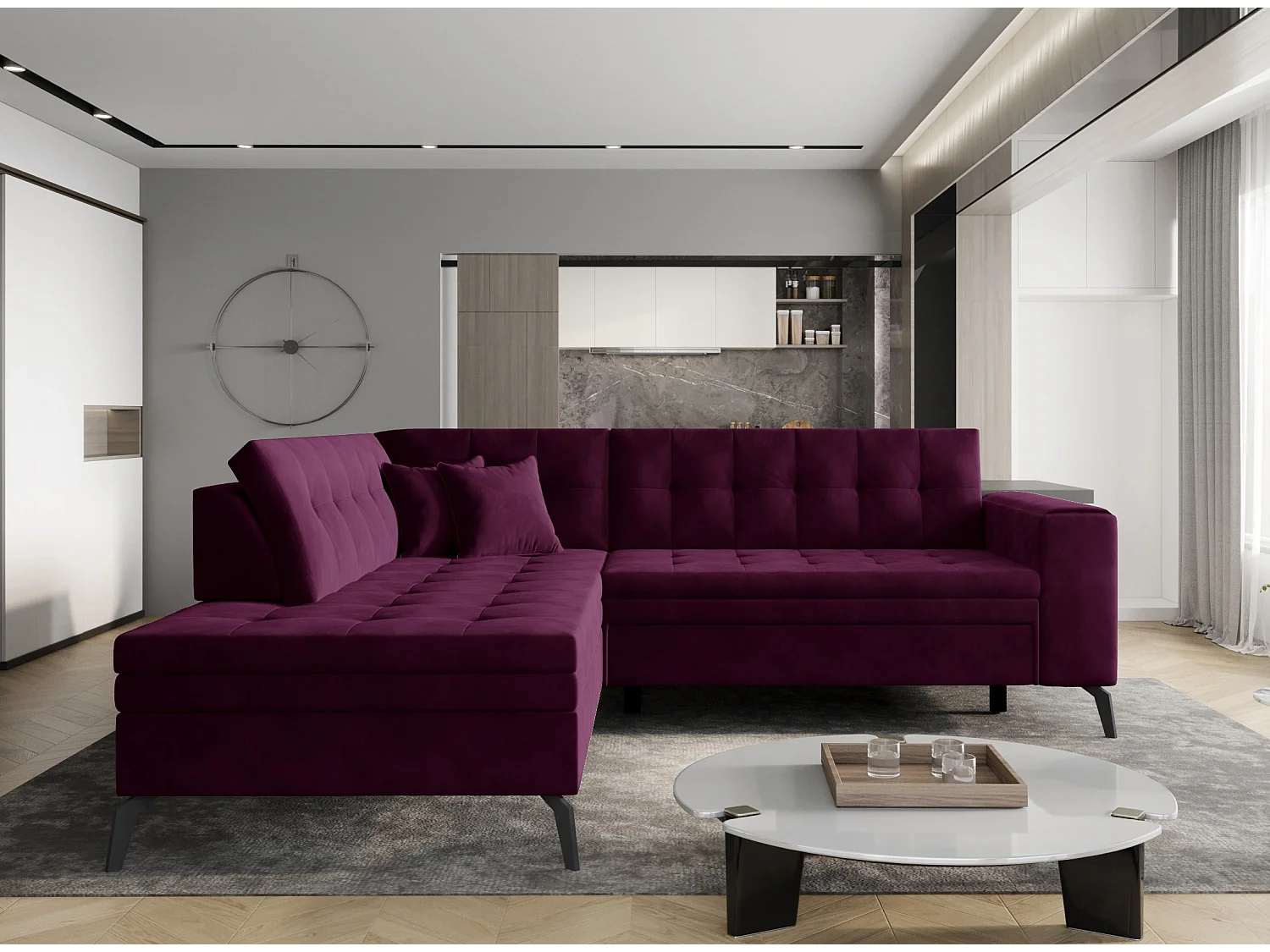 Larry granaat fluweel gecapitonneerde hoekbank links 260 cm