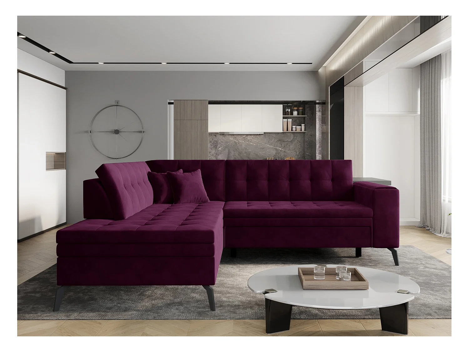 Canapé convertible capitonné angle gauche velours grenat Larry 260cm