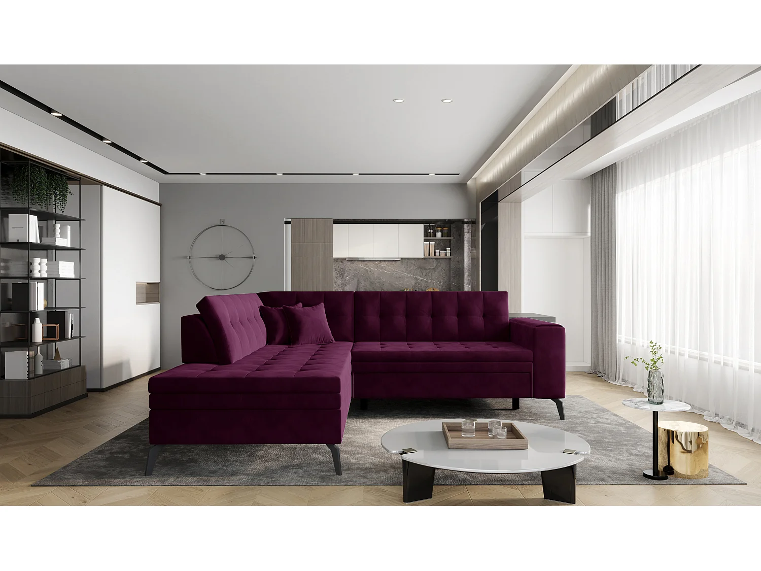 Canapé convertible capitonné angle gauche velours grenat Larry 260cm