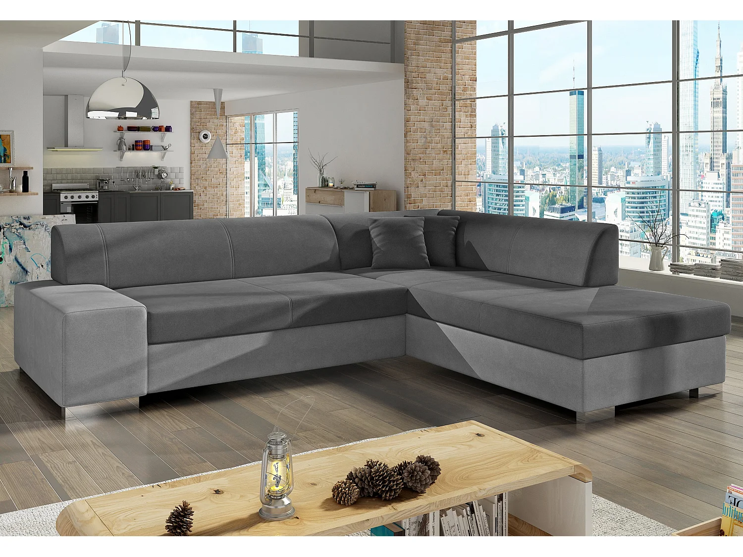 Canapé convertible moderne angle droit tissu gris clair et gris foncé Plazo 278cm