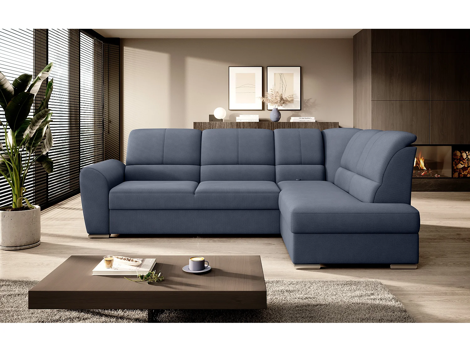 Canapé angle droit convertible tissu bleu lavande et pieds acier chromé Zabor 270cm