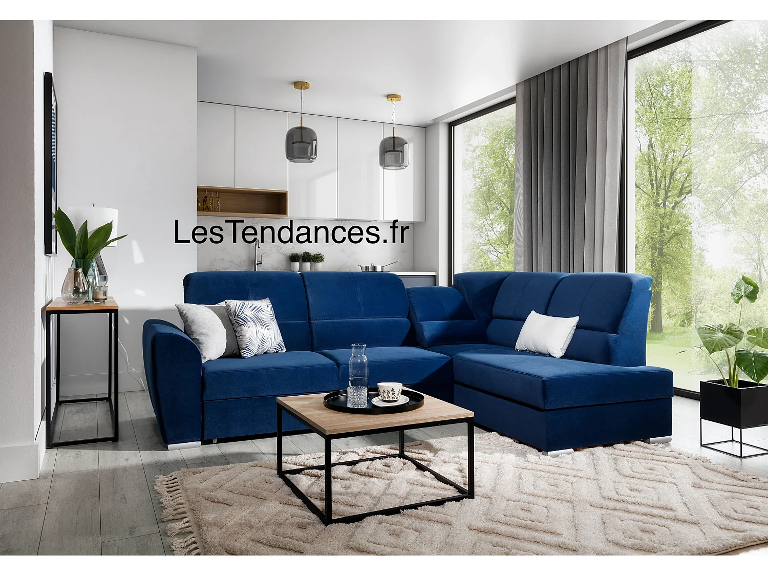 Canapé angle droit convertible tissu bleu lavande et pieds acier chromé Zabor 270cm