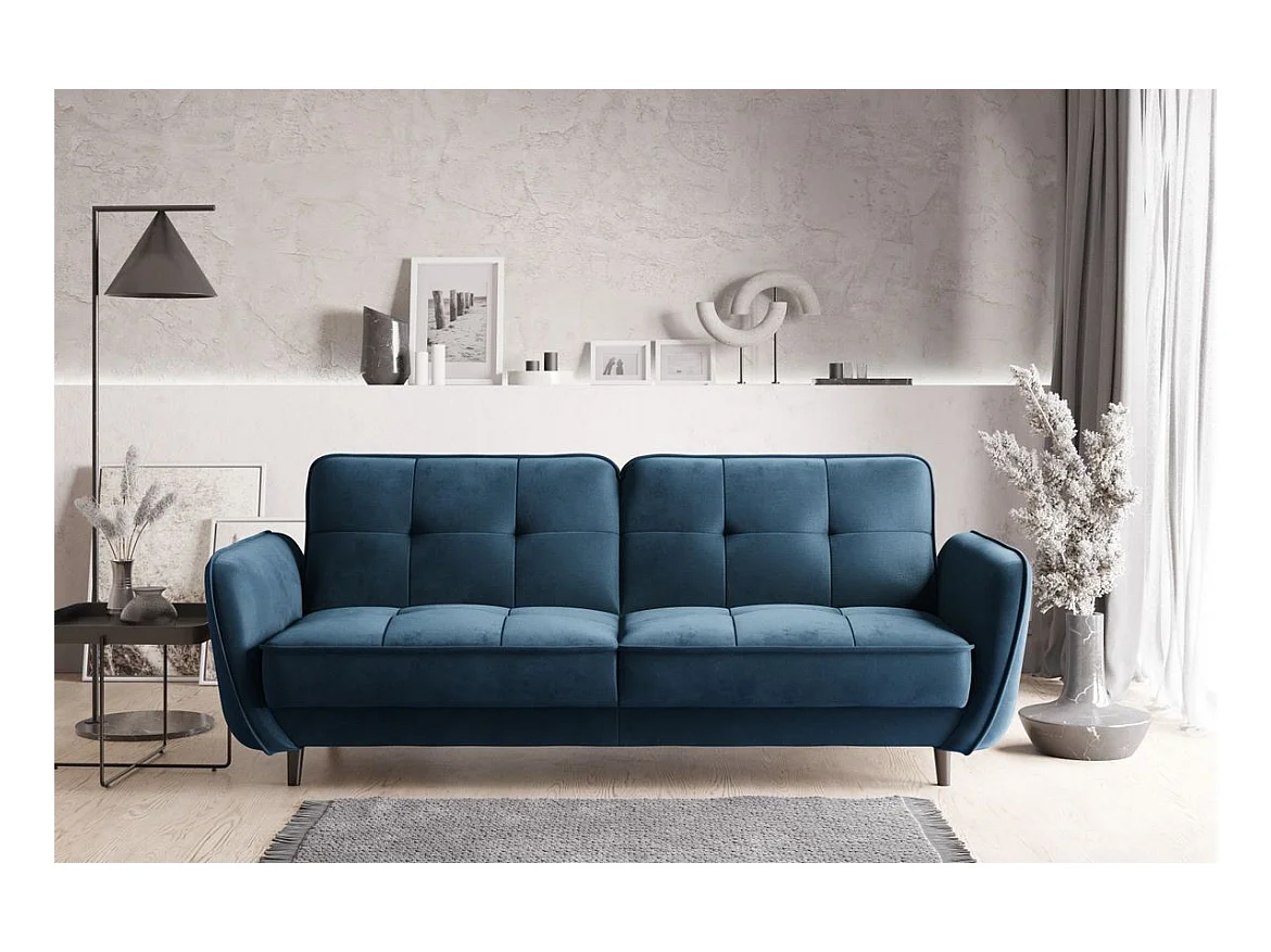 Canapé convertible 3 places tissu bleu foncé capitonné et pieds bois noir Bizza 220cm