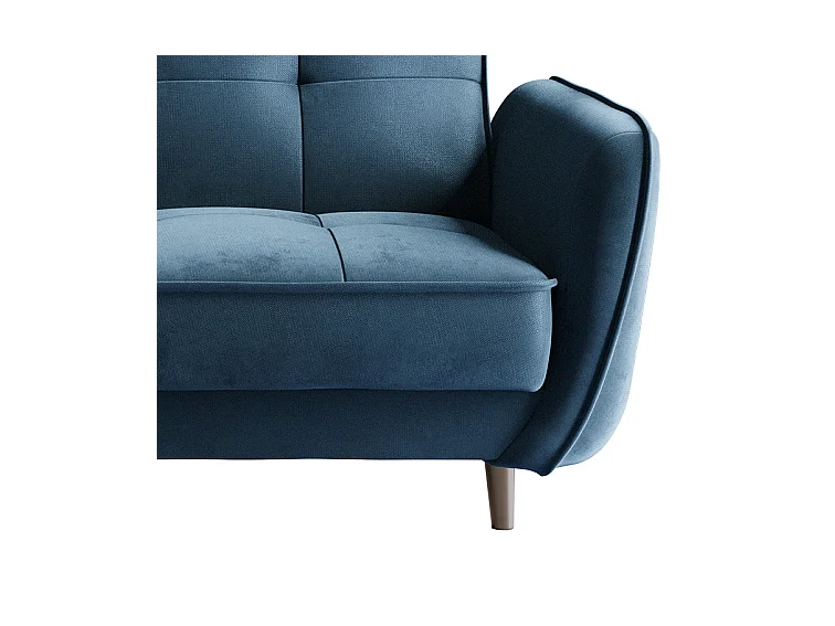 Canapé convertible 3 places tissu bleu foncé capitonné et pieds bois noir Bizza 220cm