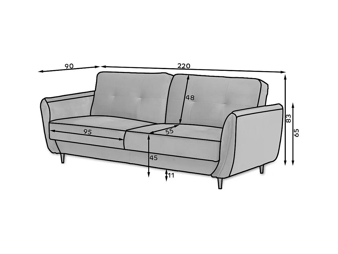 Canapé convertible 3 places tissu bleu foncé capitonné et pieds bois noir Bizza 220cm