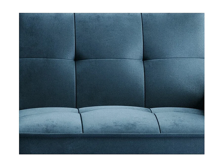 Canapé convertible 3 places tissu bleu foncé capitonné et pieds bois noir Bizza 220cm