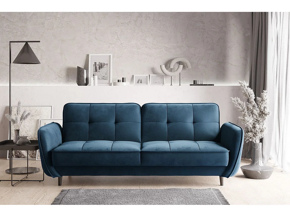 Canapé convertible 3 places tissu bleu foncé capitonné et pieds bois noir Bizza 220cm