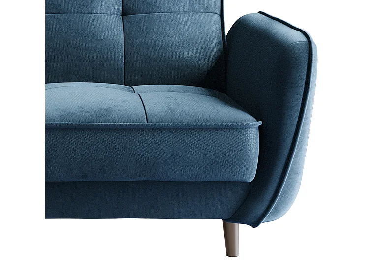 Canapé convertible 3 places tissu bleu foncé capitonné et pieds bois noir Bizza 220cm