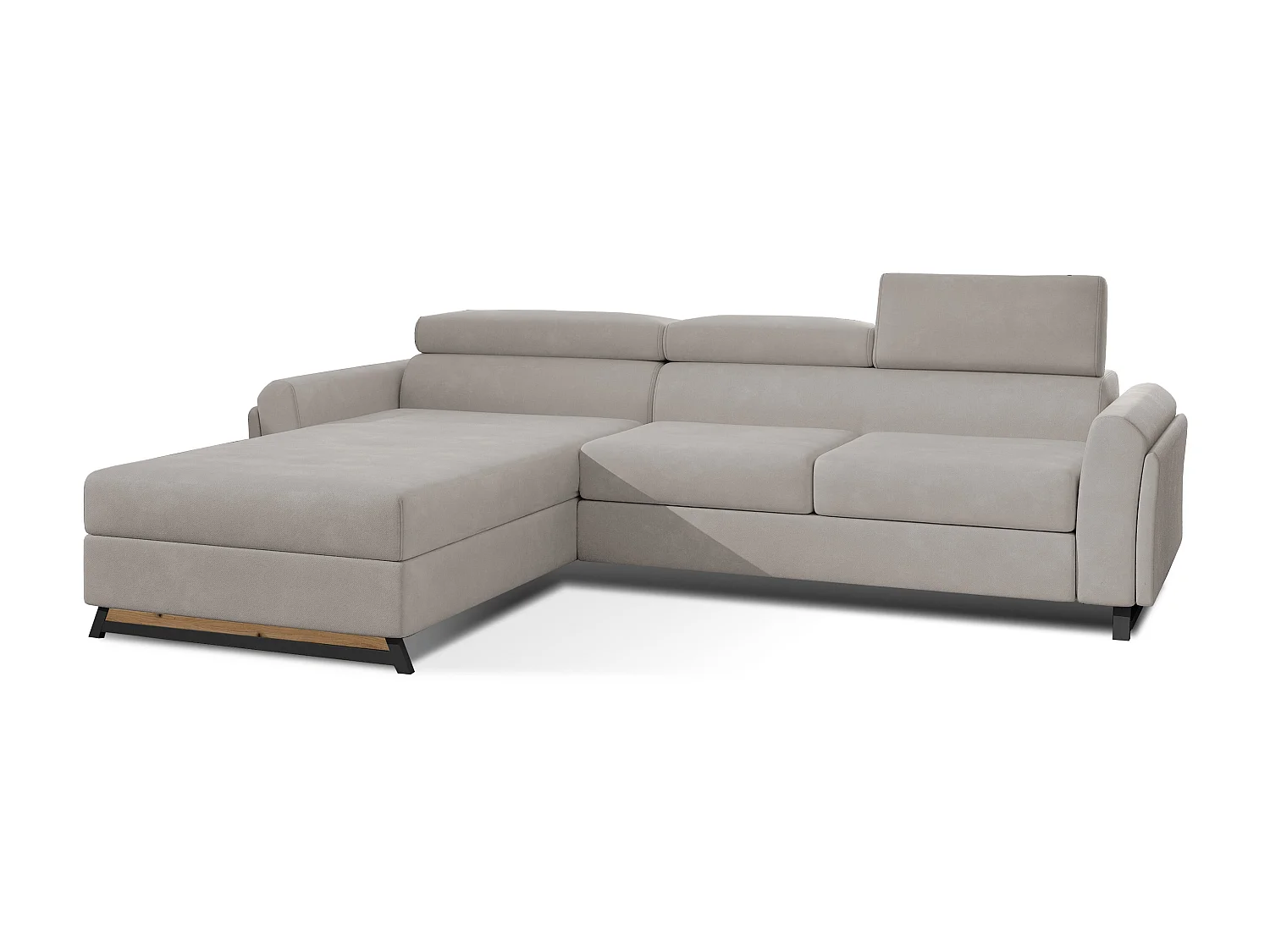 Canapé angle gauche convertible velours beige clair avec appuis-tête réglables Mazerali 300cm