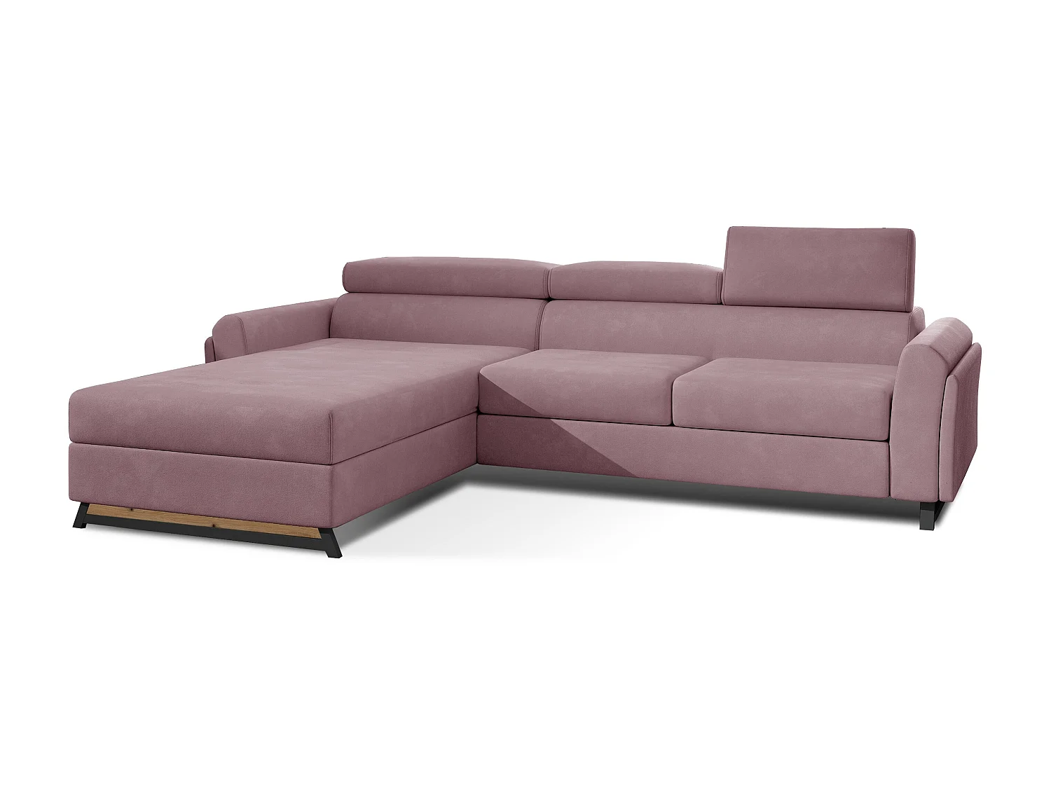 Converteerbare hoekbank links in roze fluweel met verstelbare hoofdsteunen Mazerali 300 cm