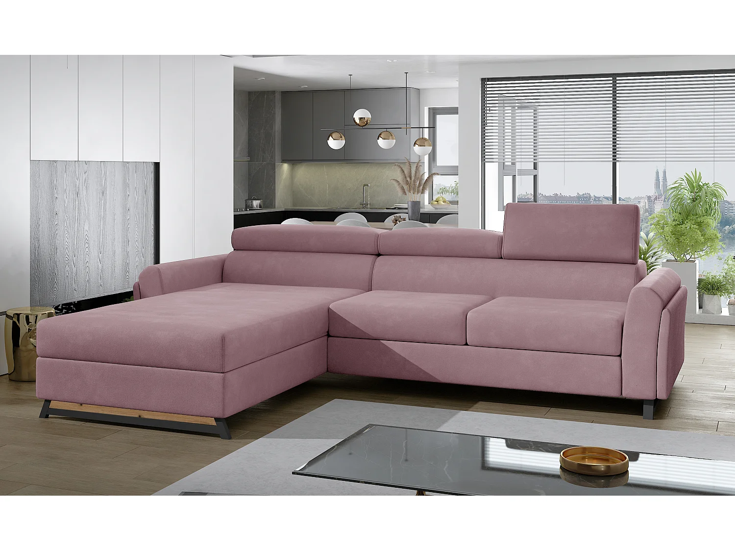 Canapé angle gauche convertible velours rose avec appuis-tête réglables Mazerali 300cm